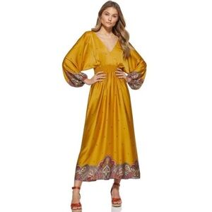 Scoop Balloon Sleeve Paisley Satin Empire Waist Maxi Dress M